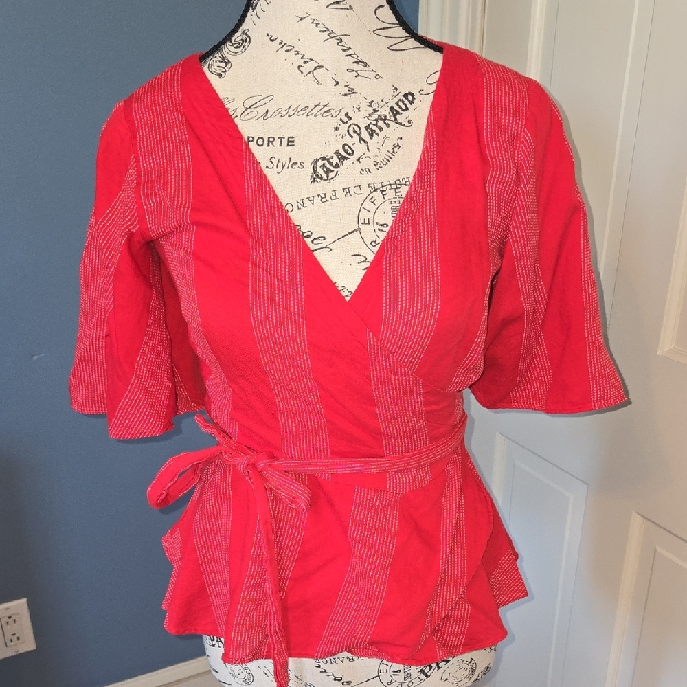 LOFT Red Striped Wrap Blouse